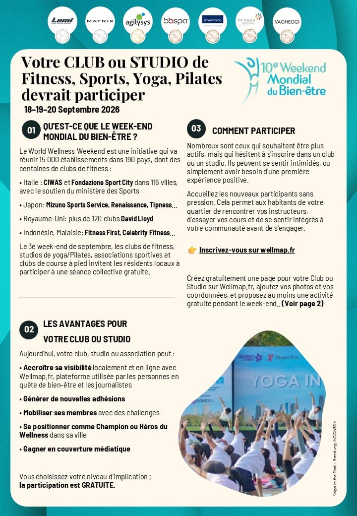 Votre CLUB FITNESS et STUDIO de YOGA devrait participer au 10e Weekend Mondial du Bien-être 2026